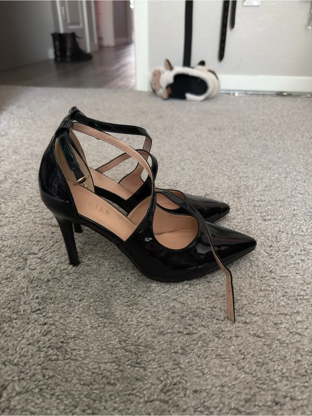 Black Patent Pointed Toe Crisscross Ankle Strap Heels